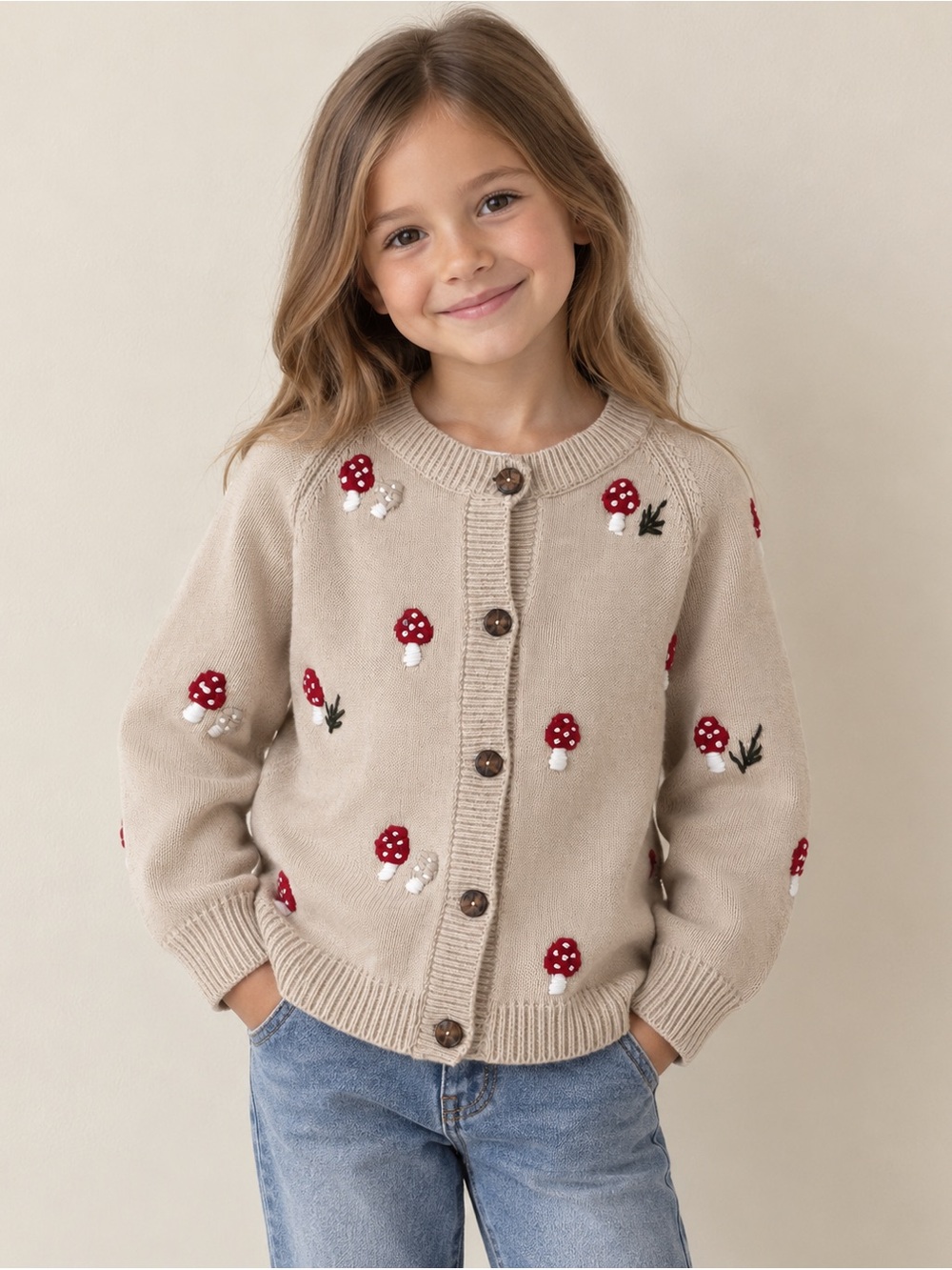 Shirley Bredal Mushroom Merino Wool Cardigan Oats Size 6Y